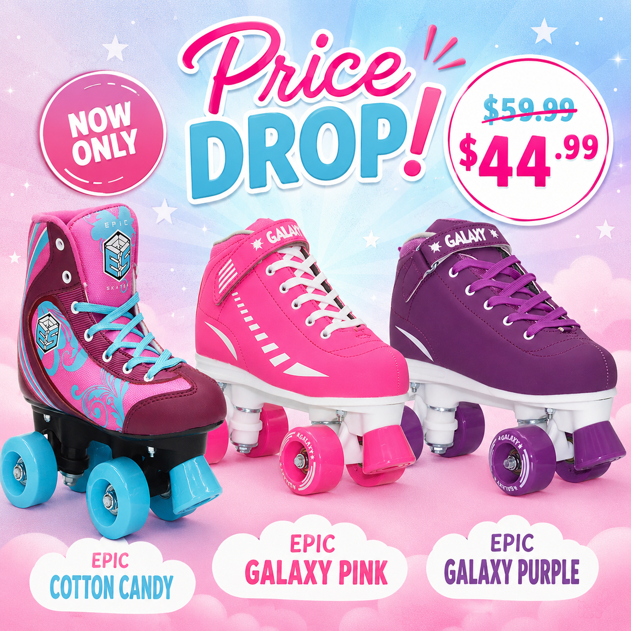 Epic Price Drop Collection – Cotton Candy & Galaxy Pink and Purple Skates