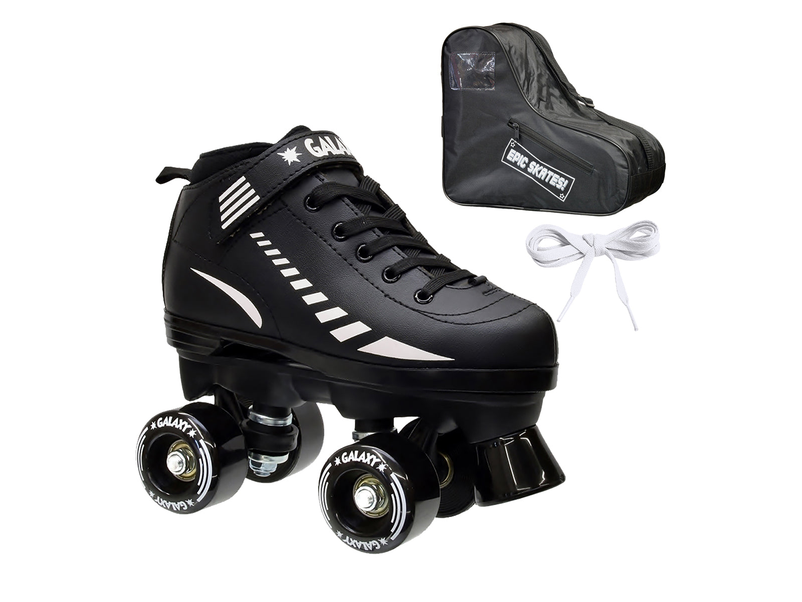 Epic Galaxy Elite Black Quad Roller Skates Package