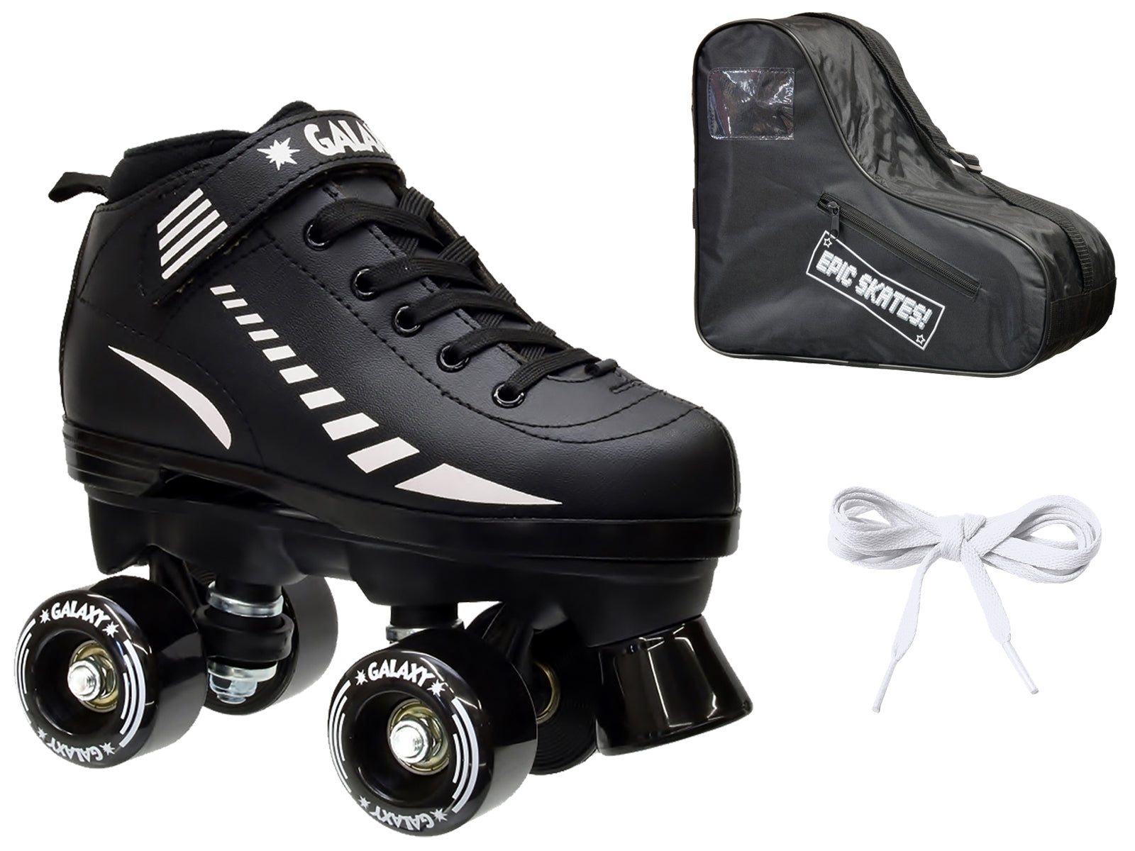 Epic Galaxy Elite Black Quad Roller Skates Package